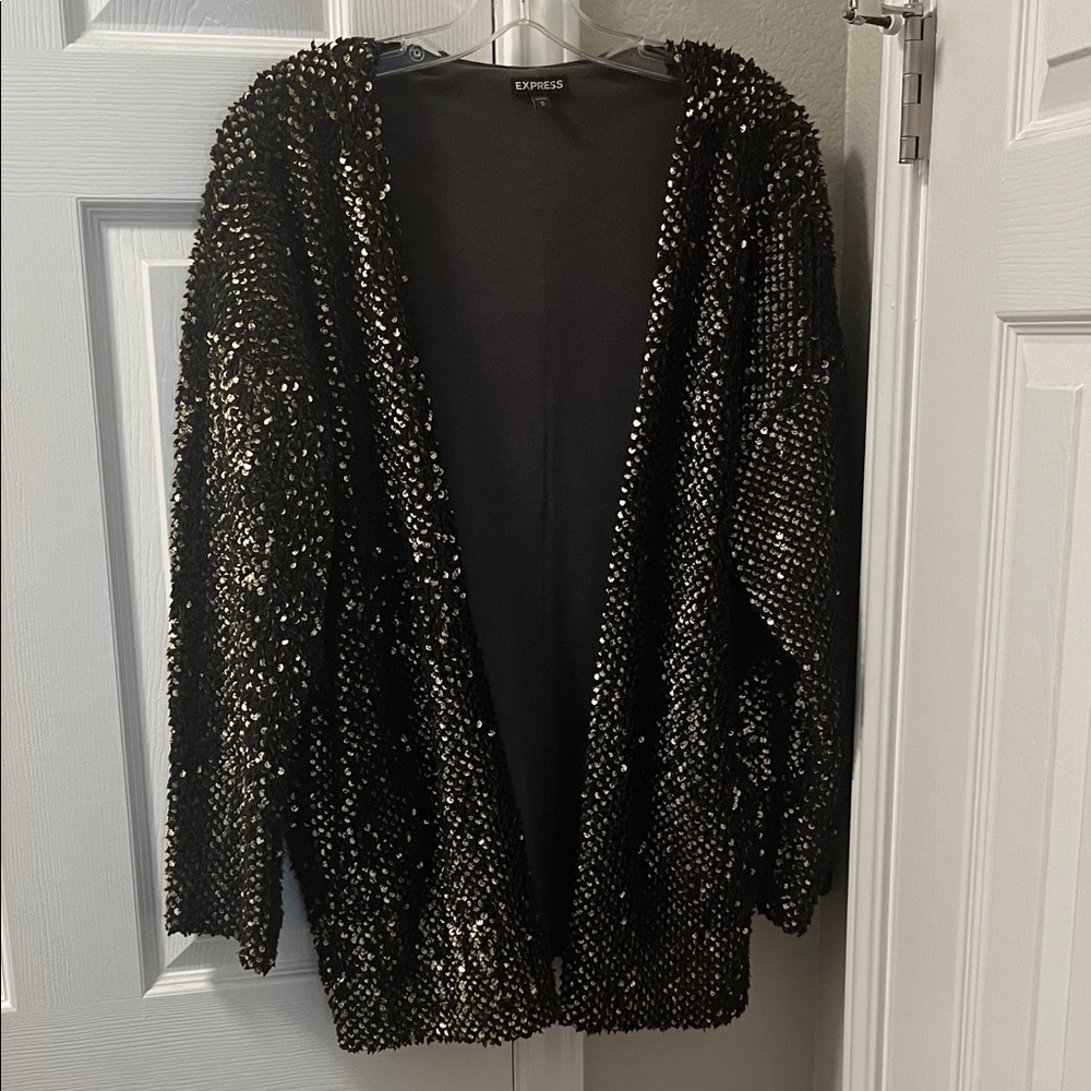 Express Black Sequin Faux Fur Cardigan